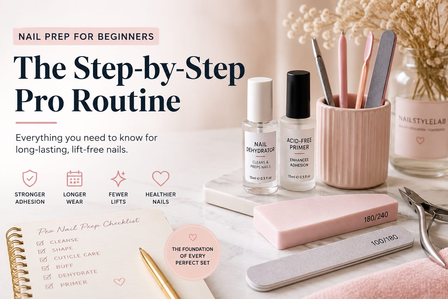 Step-by-step nail prep routine setup with nail dehydrator, acid-free primer, buffer blocks, nail tools, and beginner manicure prep checklist