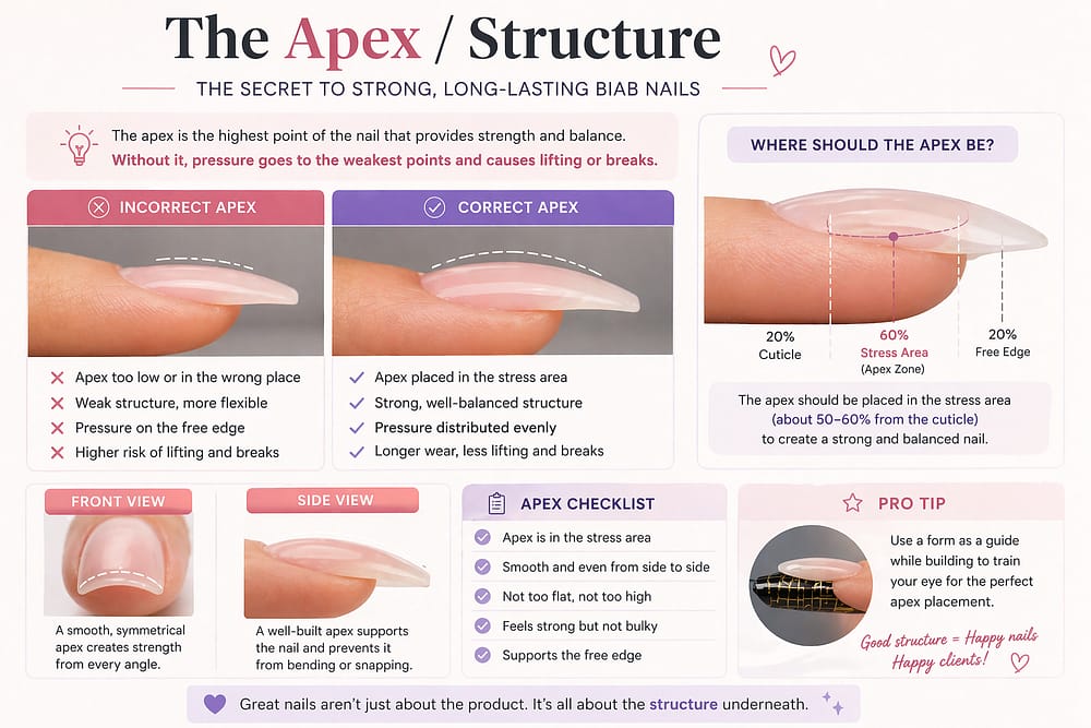 biab-apex-structure-correct-vs-incorrect-placement biab apex structure comparison showing correct vs incorrect placement in stress area for long lasting nail support side view close up