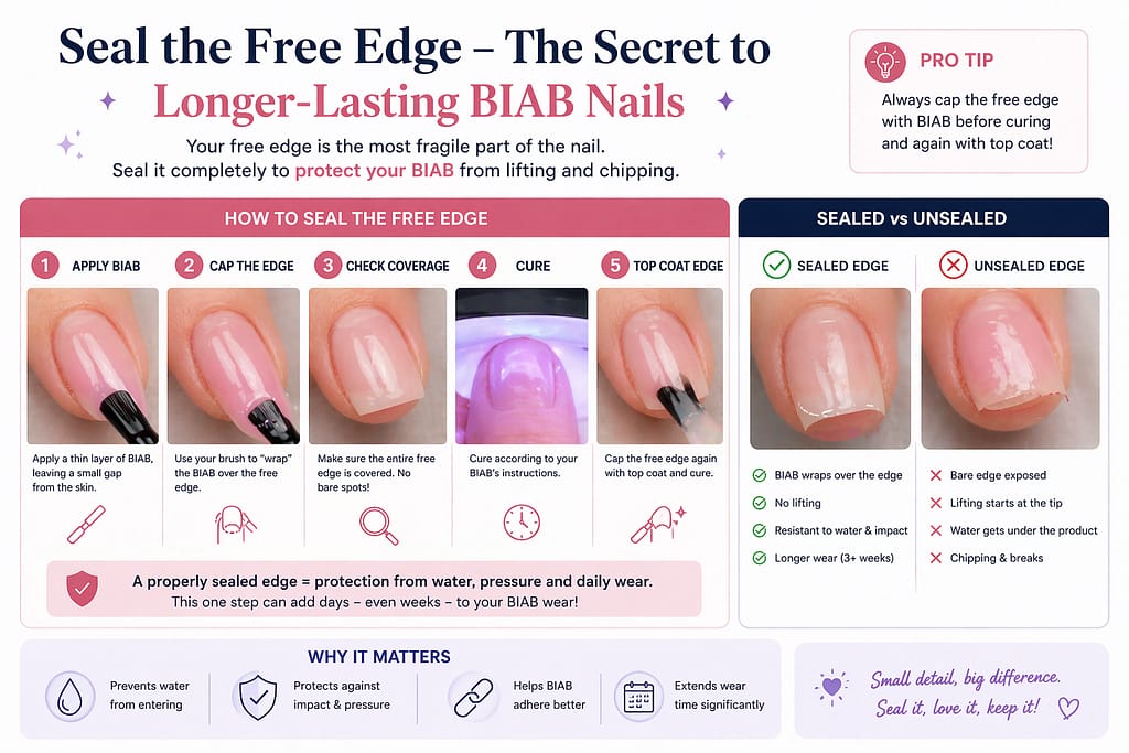 biab-free-edge-sealing-capping-technique biab free edge sealing technique showing proper capping over and under the nail tip to prevent lifting close up