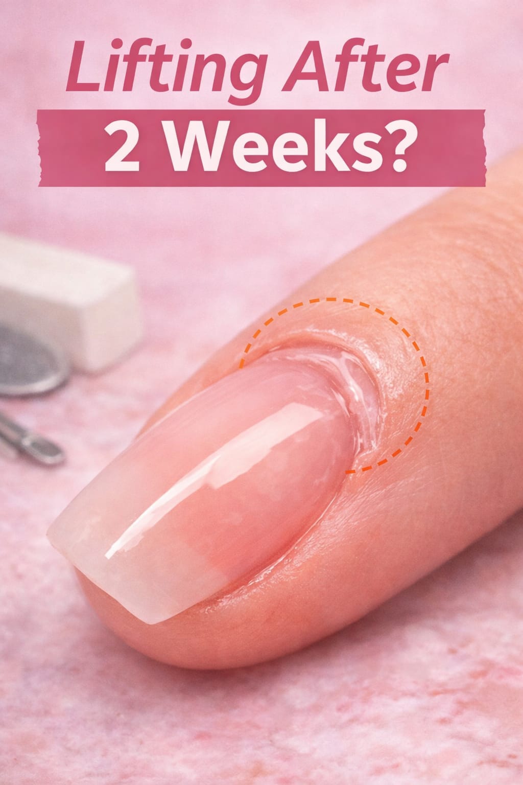 Builder gel lifting after 2 weeks showing regrowth and separation near the cuticle