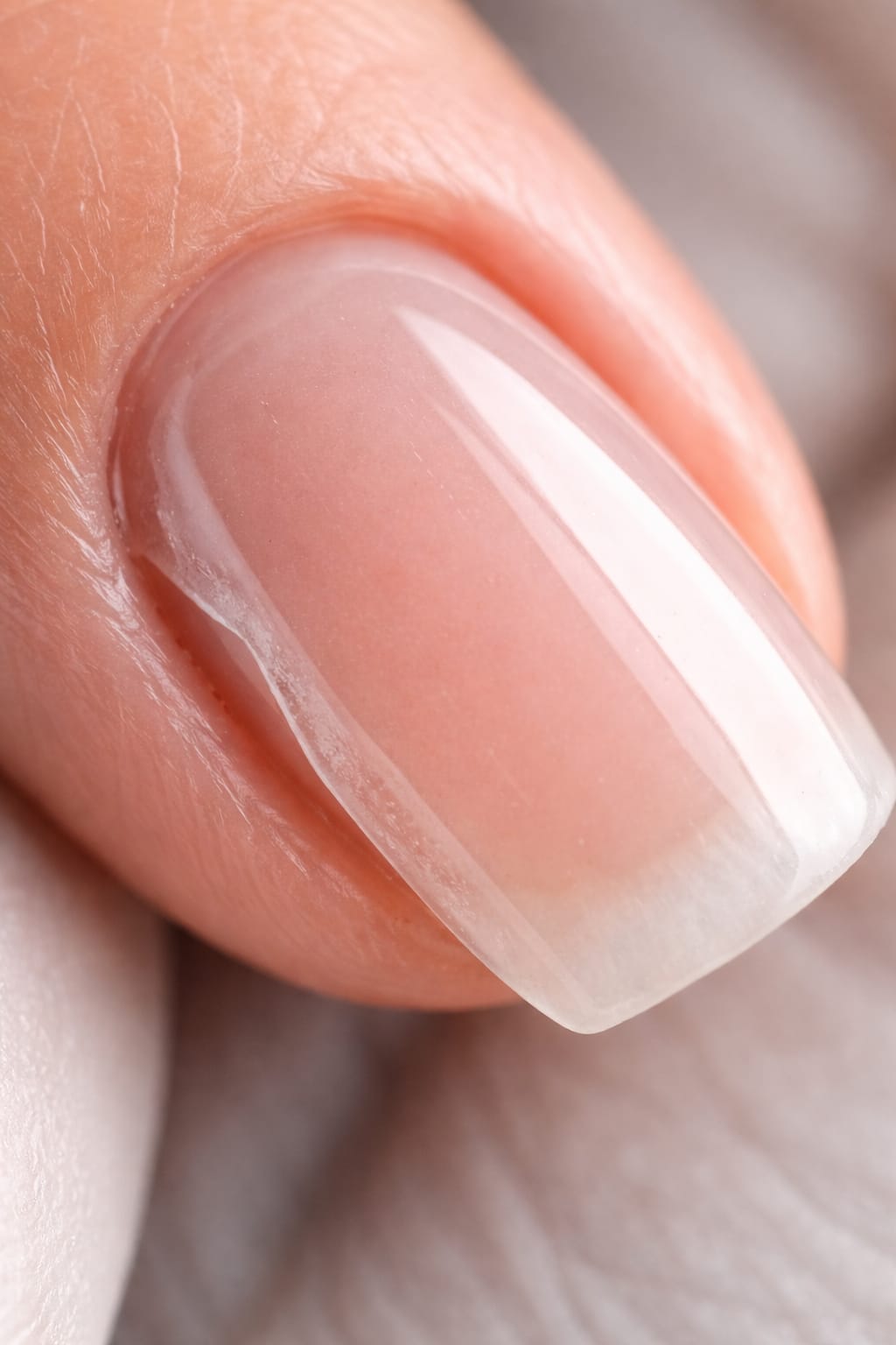 Builder gel lifting at the sidewalls showing separation along the lateral edge