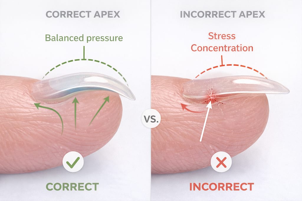 Correct apex placement in builder gel to prevent nail cracking