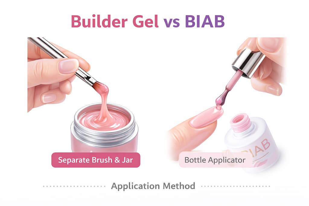 Comparison showing builder gel applied with a separate brush from a jar vs BIAB applied with a bottle brush