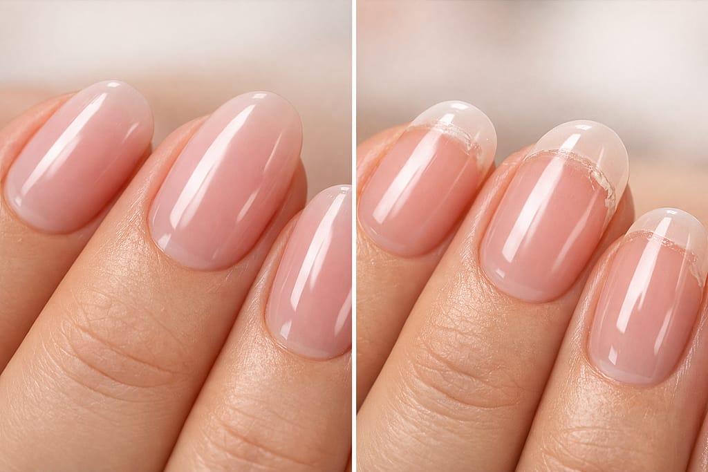 BIAB nails lifting at cuticle area compared to perfectly applied builder gel nails close up