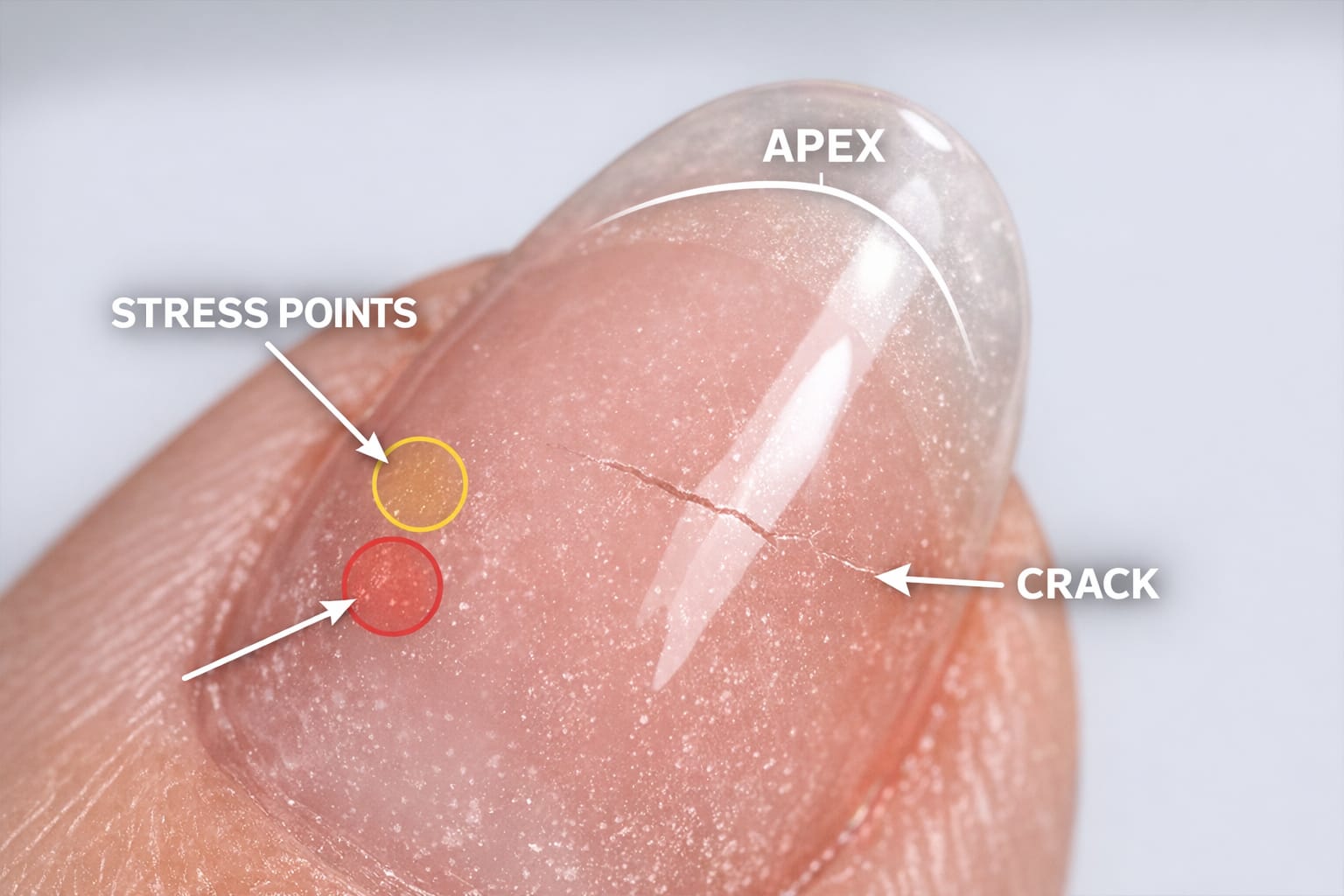 Builder gel nail structure showing stress points that cause cracking