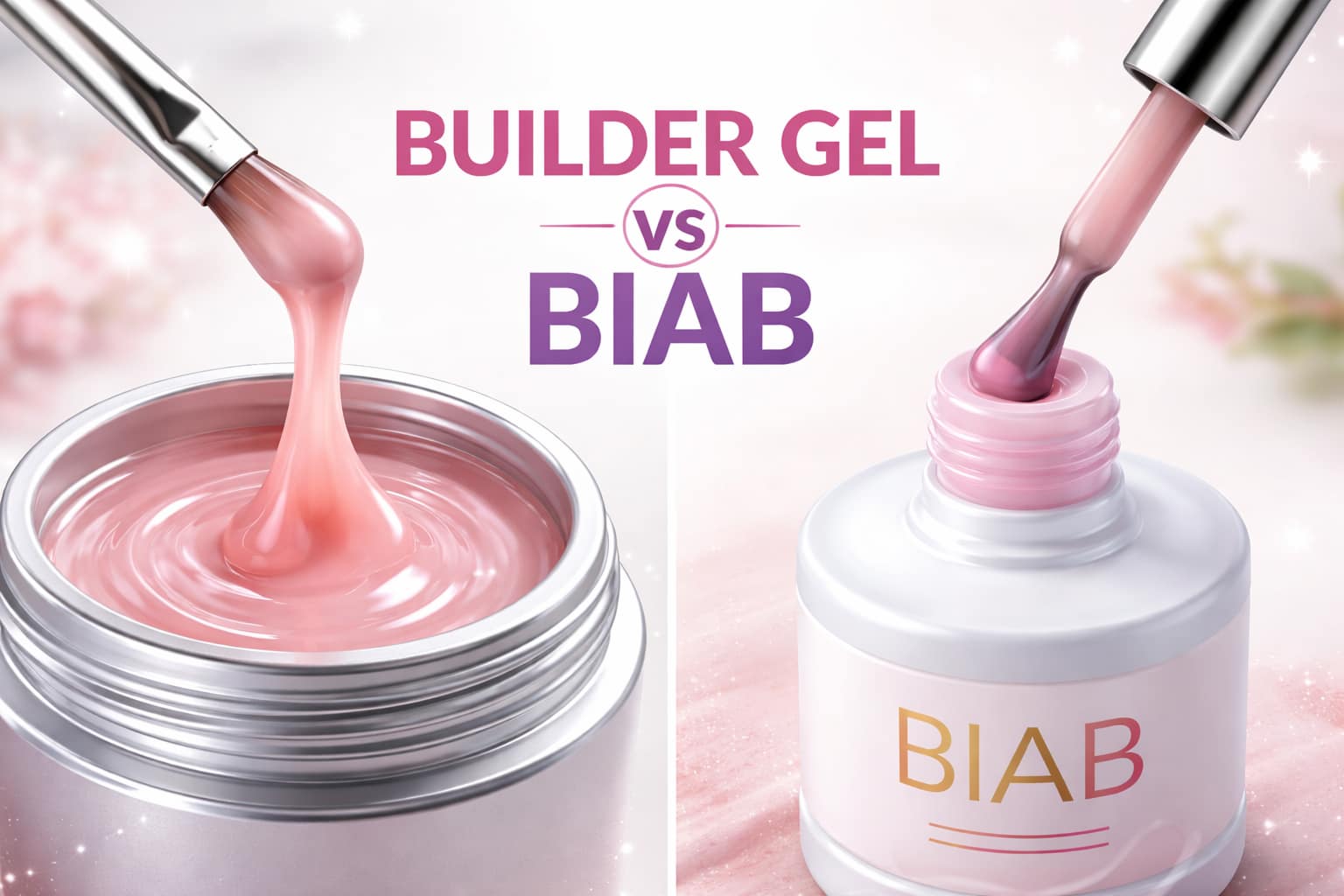 Builder gel vs BIAB comparison showing builder gel in a jar and BIAB in a bottle used for nail strengthening