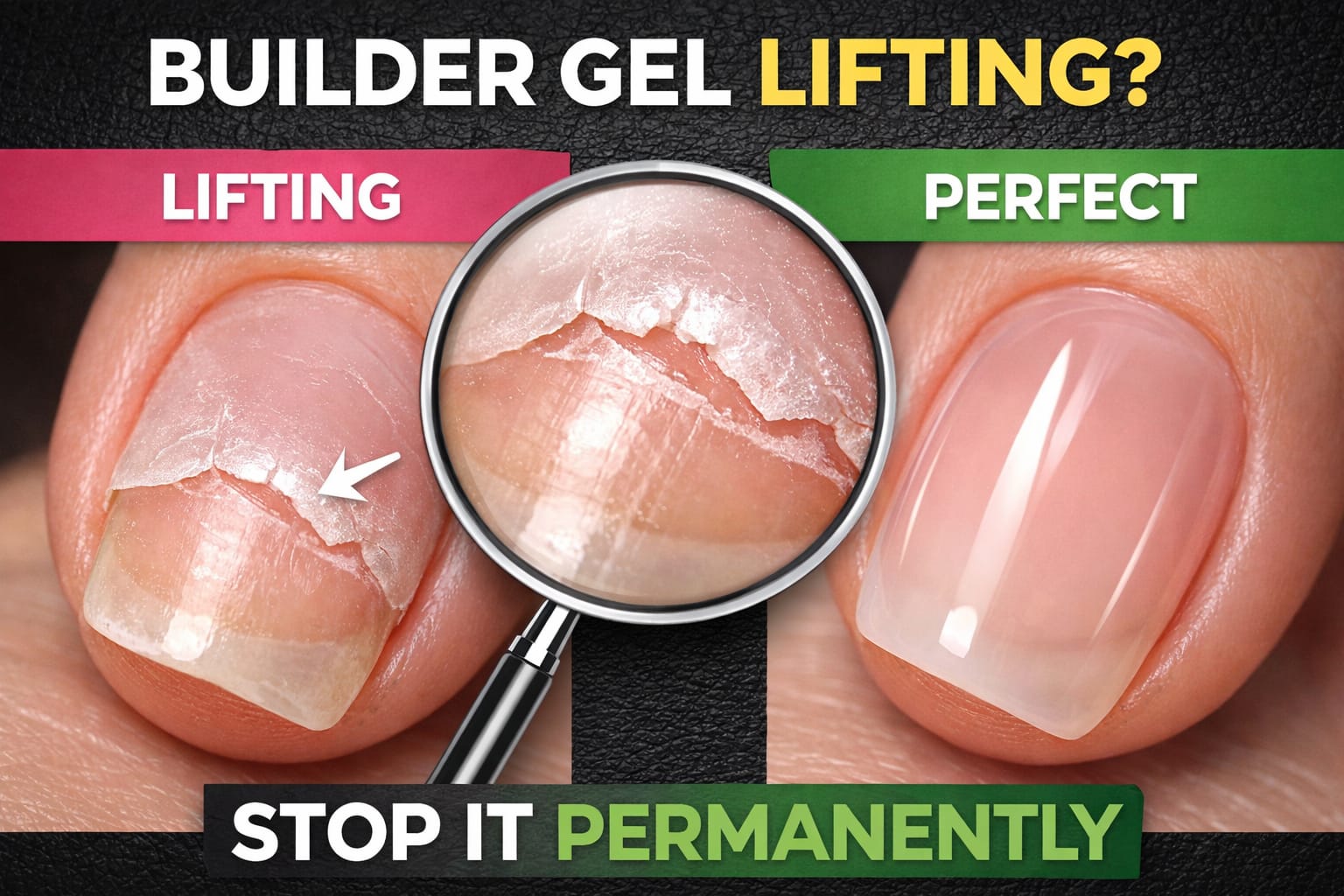 builder gel lifting types showing cuticle lifting free edge lifting and sidewall lifting side by side close up nail comparison