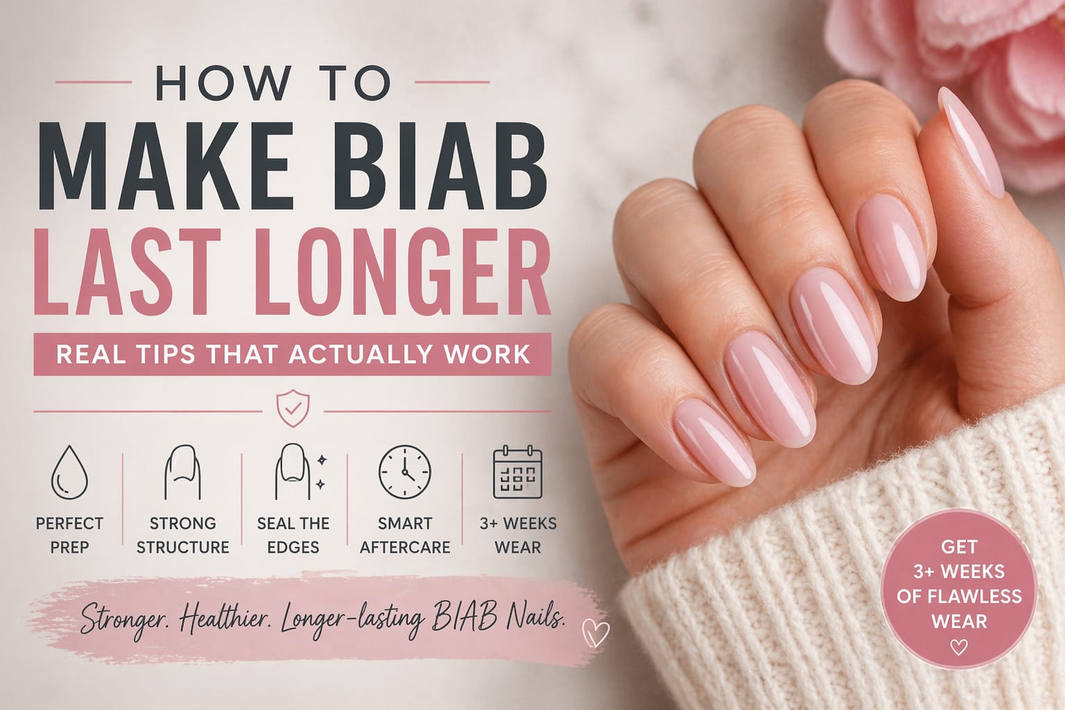 how to make BIAB nails last longer showing healthy glossy BIAB manicure with strong structure and long lasting finish close up