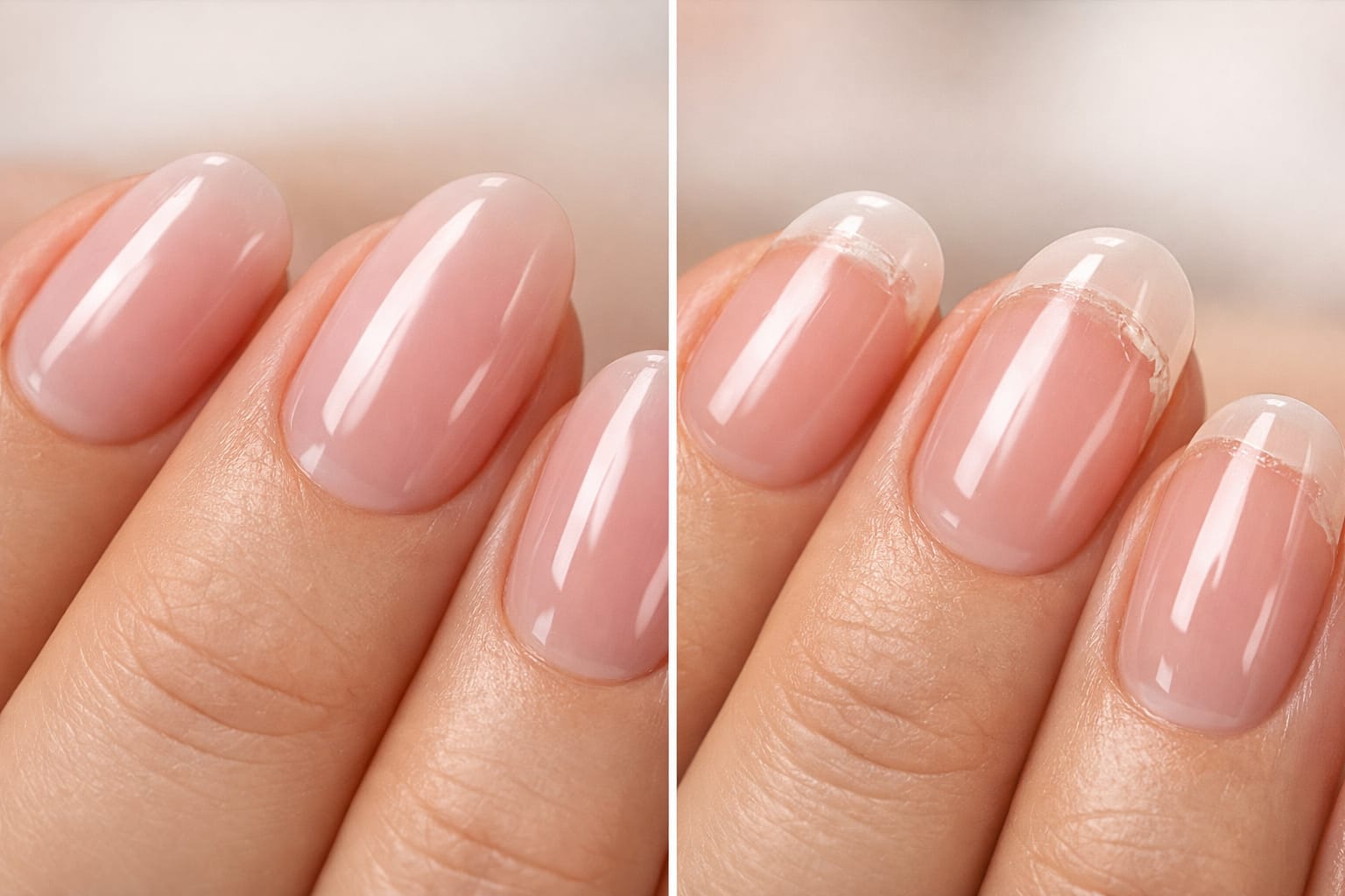 BIAB nails lifting at cuticle area compared to perfectly applied builder gel nails close up