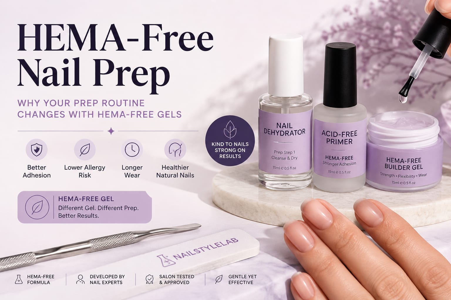 HEMA-free nail prep routine with dehydrator, acid-free primer, and builder gel products