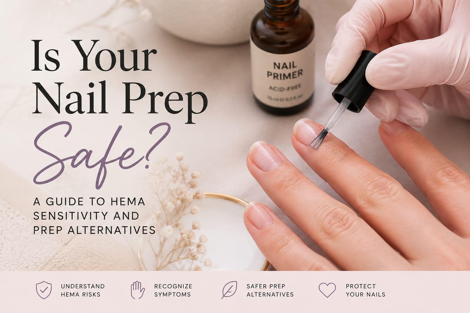 close-up nail prep process showing safe primer application to avoid HEMA sensitivity and skin exposure