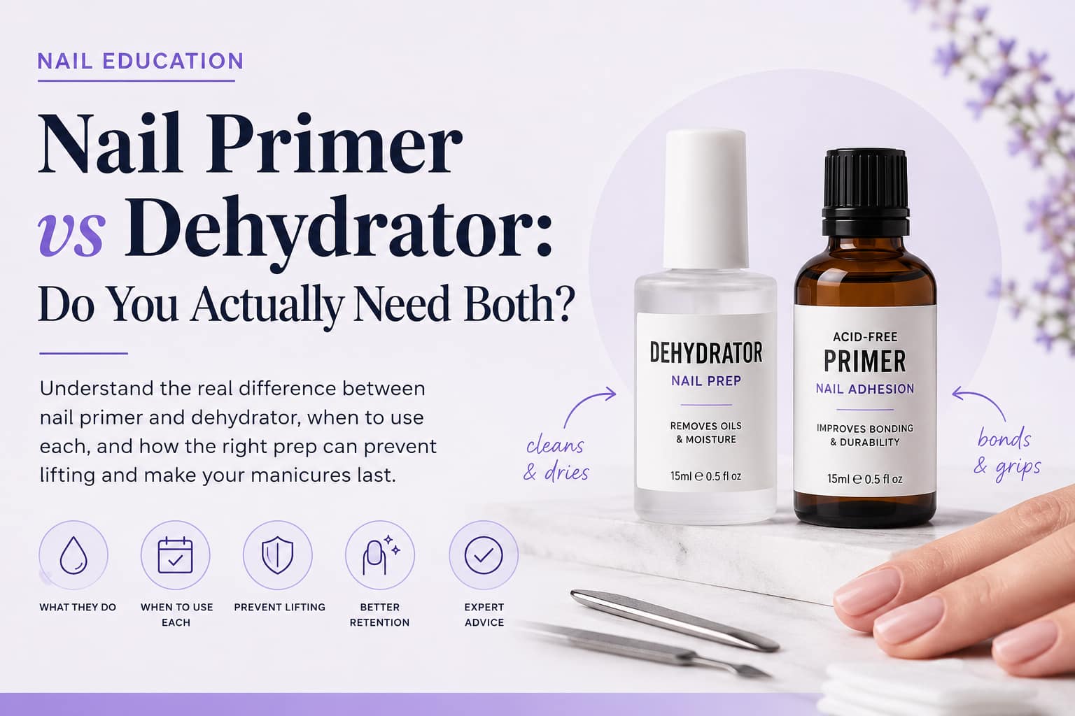 Nail primer vs dehydrator comparison showing how dehydrator removes oils and primer improves nail adhesion for gel, BIAB, and acrylic nails
