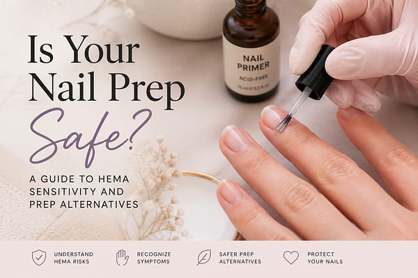 close-up nail prep process showing safe primer application to avoid HEMA sensitivity and skin exposure