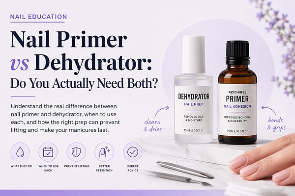 Nail primer vs dehydrator comparison showing how dehydrator removes oils and primer improves nail adhesion for gel, BIAB, and acrylic nails