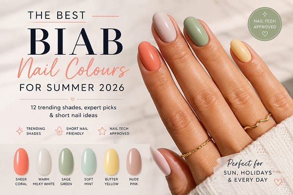 Best BIAB nail colours for summer 2026 including sheer coral, sage green, soft mint and butter yellow shades