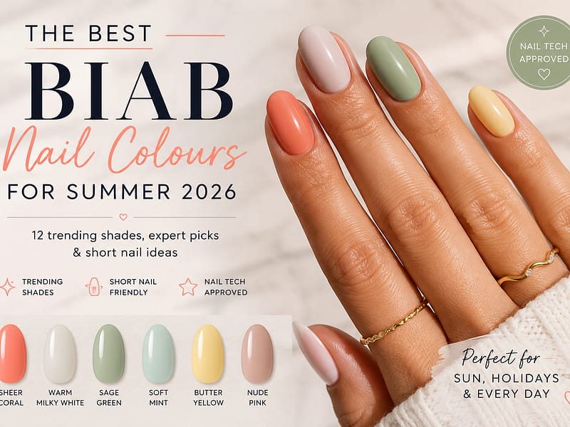Best BIAB nail colours for summer 2026 including sheer coral, sage green, soft mint and butter yellow shades