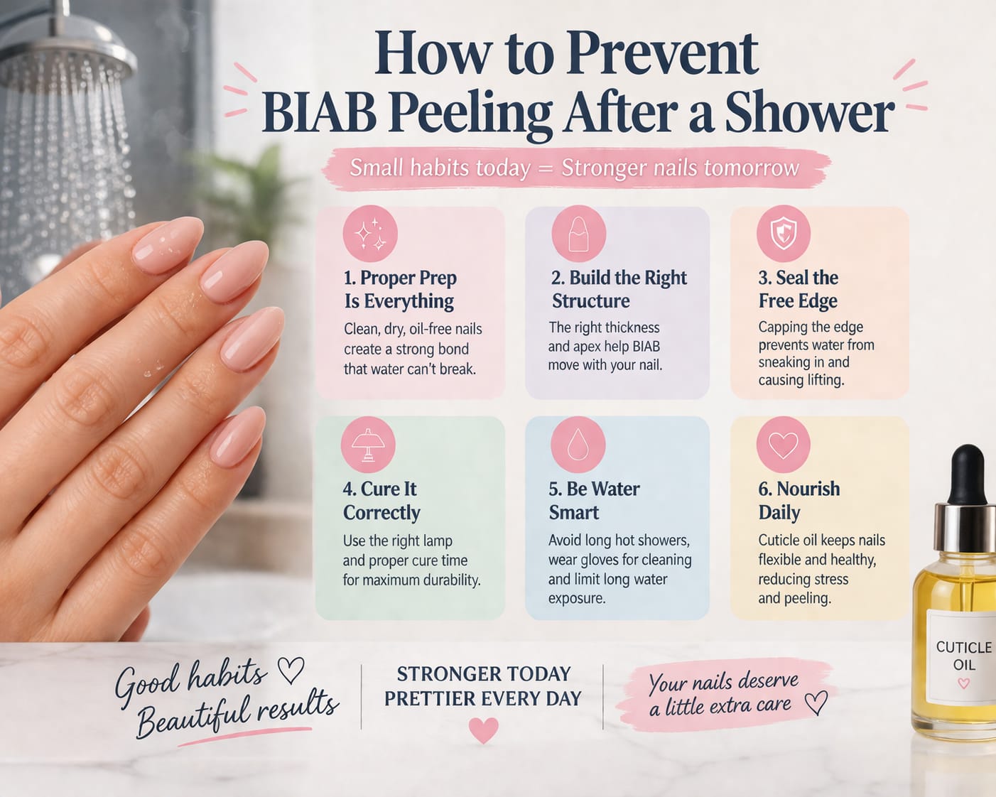 How to prevent BIAB nails peeling after shower infographic with prep structure and aftercare tips